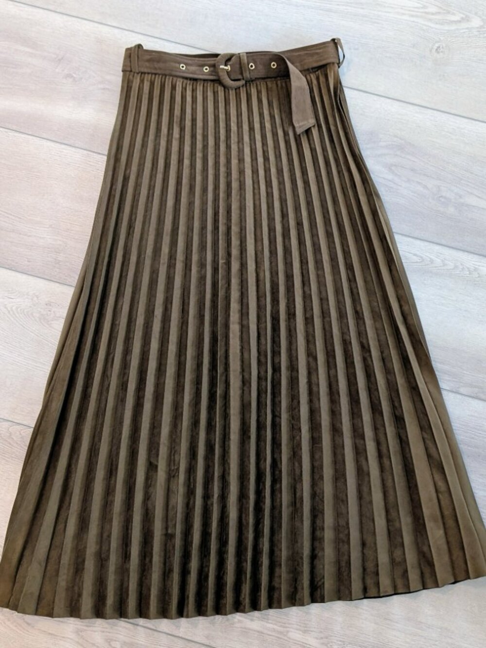 ZARA Faux Suede Pleated Belted A- Line Maxi Skirt Dark Olive Brown Size M